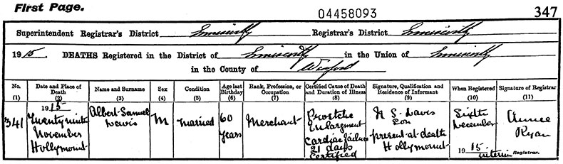 Death Certificate of Albert Samuel Davis - 29 November 1915