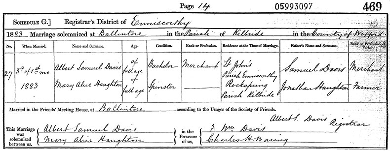 Marriage Certificate of Albert Samuel Davis and Mary Alice Haughton - 3 January 1883