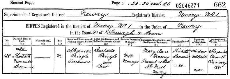 Birth Certificate of Alexander Pringle - 30 November 1880