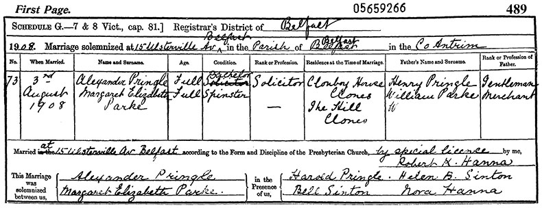 Marriage Certificate of Alexander Pringle and Margaret Elizabeth Parke - 3 August 1908