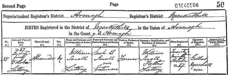 Birth Certificate of Alexander Small - 21 October 1887