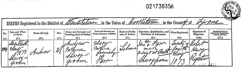 Birth Certificate of Andrew McCrea - 17 May 1873