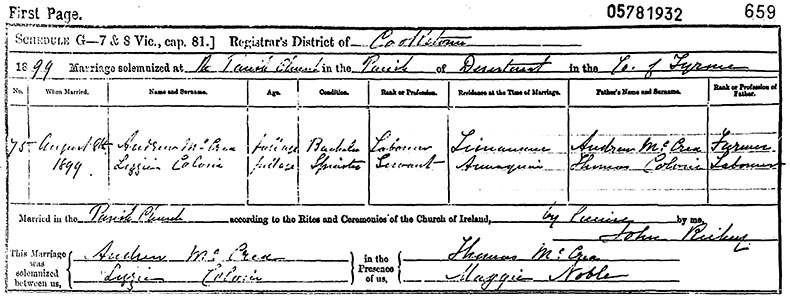 Marriage Certificate of Andrew McCrea and Lizzie Colvin - 8 August 1899