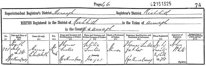 Birth Certificate of Anna Elizabeth Sinton - 4 July 1874