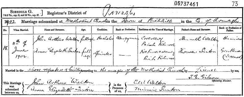 Marriage Certificate of John Arthur Walton and Anna Elizabeth Sinton - 11 June 1902