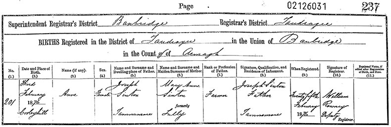 Birth Certificate of Anne Sinton - 3 February 1876