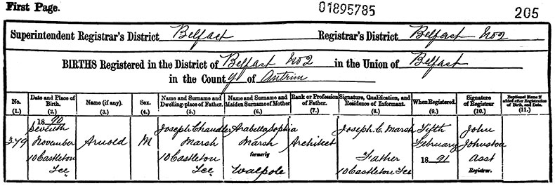 Birth Certificate of Arnold Marsh - 7 November 1890