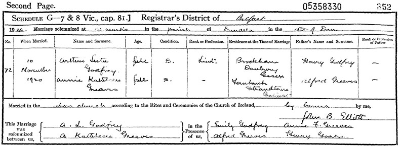 Marriage Certificate of Arthur Lester Godfrey and Annie Kathleen Greaves - 10 November 1920