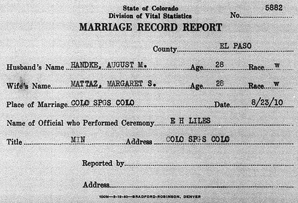 Marriage details of August M. Handke and Margaretta Jane Mottaz