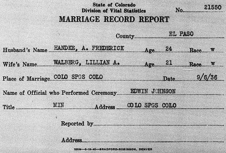Marriage Record of August Frederick Handke and Lillian Adelaide Walberg - 6 September 1936