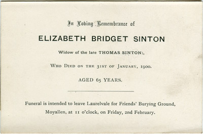 Card announcing funeral arrangements for Elizabeth Bridget Sinton