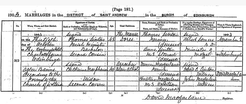 Marriage Registration of Thomas Sinton and Catherine MacPherson - 30 October 1903