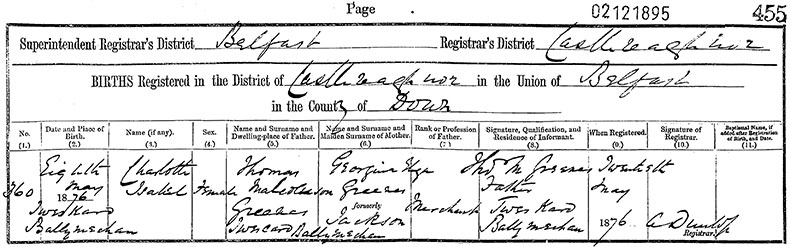 Birth Certificate of Charlotte Isabel Greeves - 8 May 1876