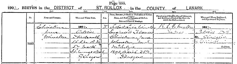 Birth Certificate of Christina Jane Lyle Johnston - 13 October 1902