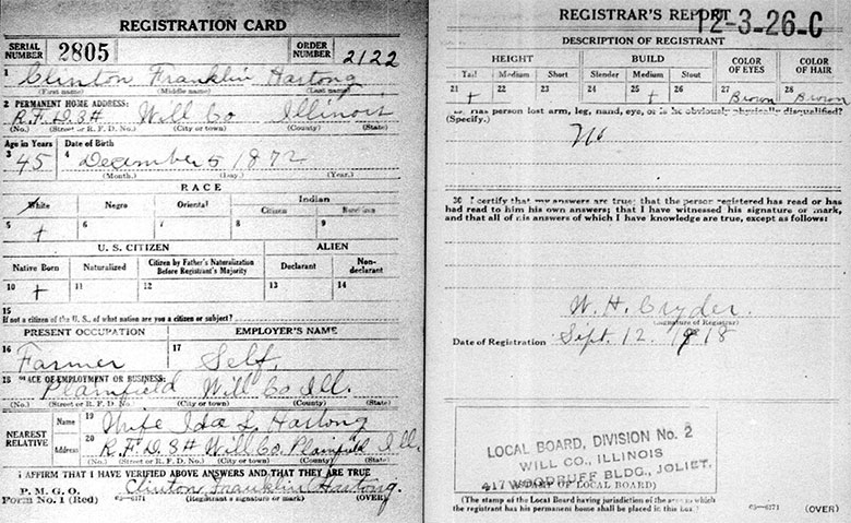 World War I Draft Registration of Clinton Franklin Hartong