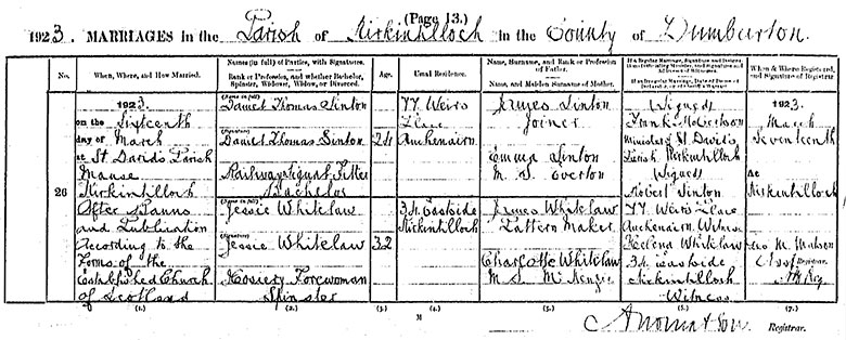 Marriage Certificate of Daniel Thomas Sinton and Jane Whitelaw - 16 March 1923