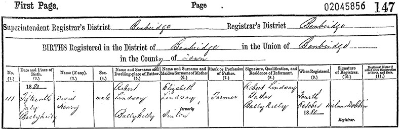 Birth Certificate of David Henry Lindsay - 15 July 1880