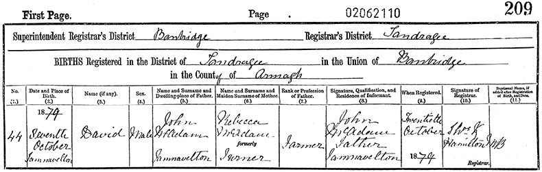 Birth Certificate of David McAdam - 7 October 1879