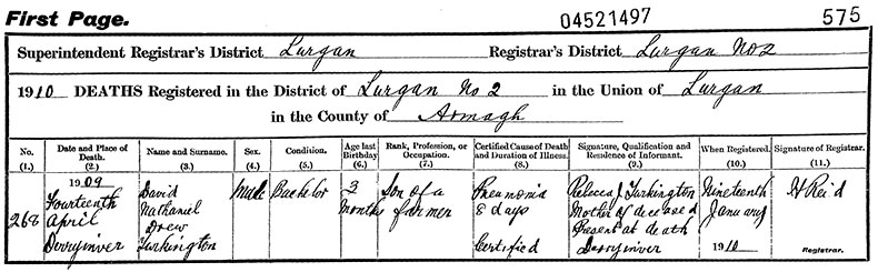 Death Certificate of David Nathaniel Drew Turkington - 14 April 1909