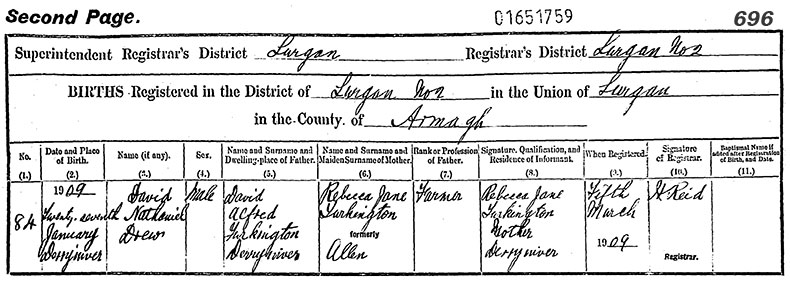 Birth Certificate of David Nathaniel Drew Turkington - 27 January 1909