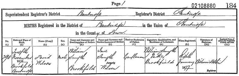 Birth Certificate of David Wilson Smyth - 12 November 1876