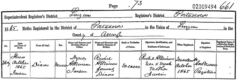Birth Certificate of Dixon Atkinson - 3 October 1865