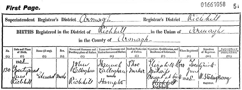 Birth Certificate of Edmund Callaghan - 22 June 1908