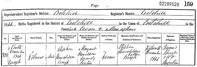 Birth Certificate of Edward Ronaldson - 9 December 1866