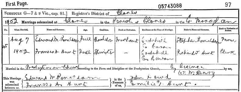 Marriage Certificate of Edward Ronaldson and Frances Anderson Hunt - 7 August 1902