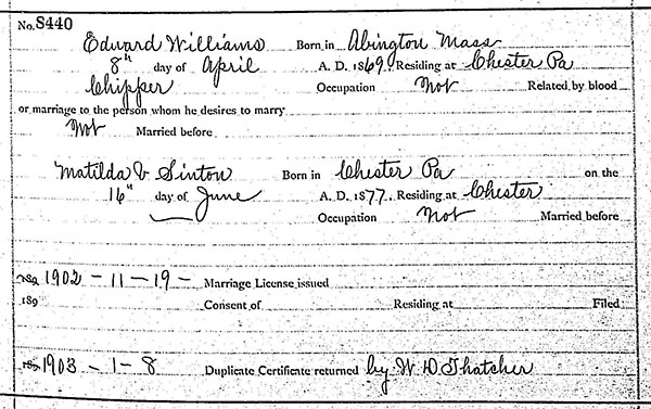 Marriage details of Edward Williams and Matilda V. Sinton