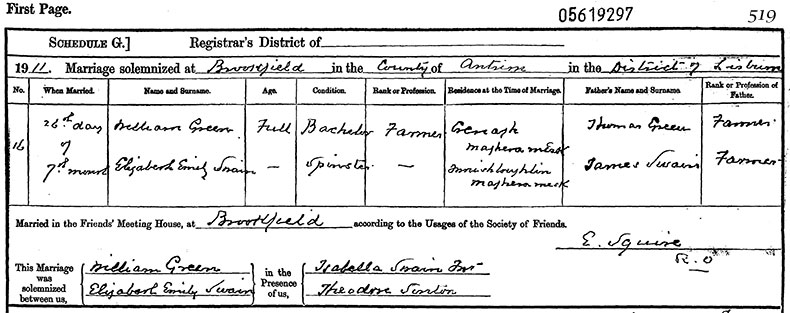 Marriage Certificate of William Green and Elizabeth Emily Swain - 26 July 1911