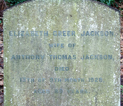 Headstone of Elizabeth Greer Jackson (née Greeves) 1839 - 1928