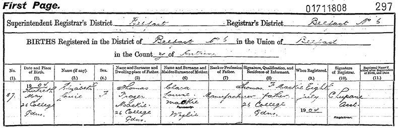 Birth Certificate of Elizabeth Louise Mackie - 30 May 1904