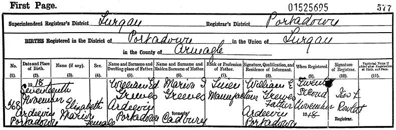 Birth Certificate of Elizabeth Marion Greeves - 17 November 1918