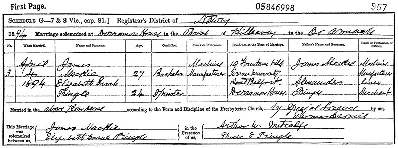 Marriage Certificate of James Mackie and Elizabeth Sarah Pringle - 4 April 1894
