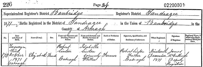 Birth Certificate of Elizabeth Sinton of Cabra - 23 October 1871