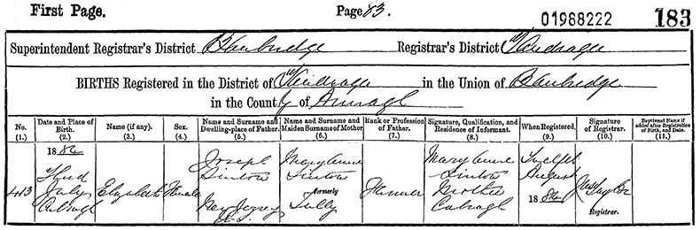 Birth Certificate of Elizabeth Sinton - 3 July 1884