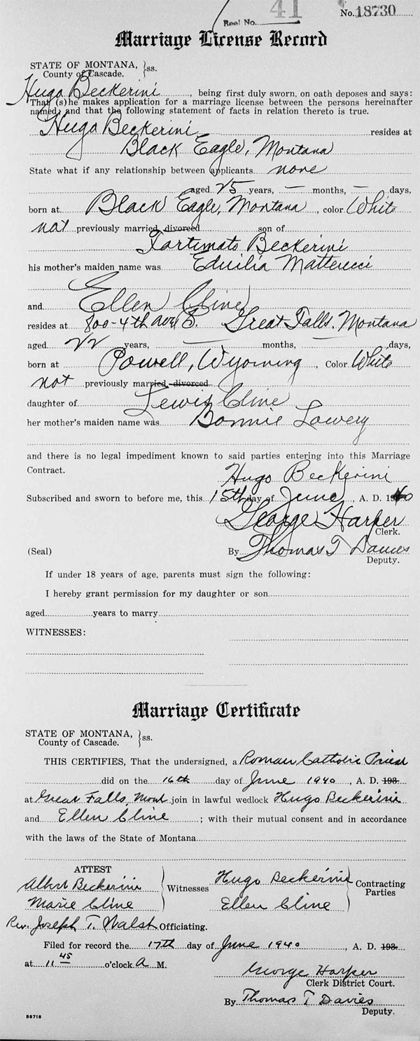 Marriage License and Certificate of Hugo Beckerini and Ellen Cline