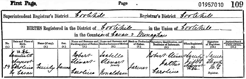 Birth Certificate of Emily Stewart - 20 August 1886