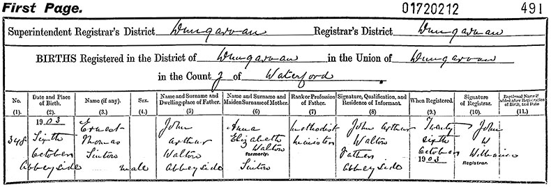 Birth Certificate of Ernest Thomas Sinton Walton - 6 October 1903