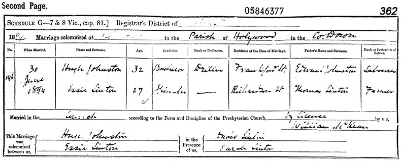 Marriage Certificate of Hugh Johnston and Essie Sinton - 30 June 1894