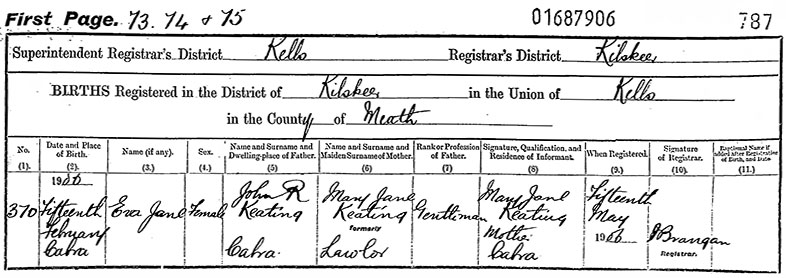 Birth Certificate of Eva Jane Keating - 15 February 1906