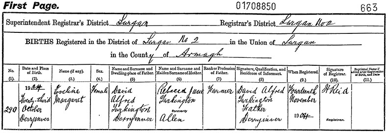 Birth Certificate of Evelyn Margaret Turkington - 	23 October 1904