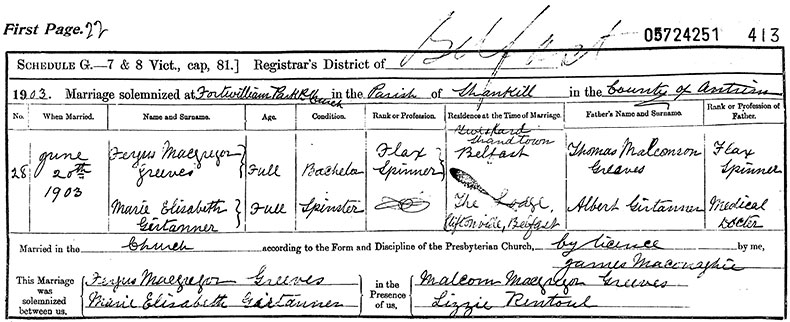 Marriage Certificate of Fergus MacGregor Greeves and Marie Elizabeth Girtanner - 20 June 1903