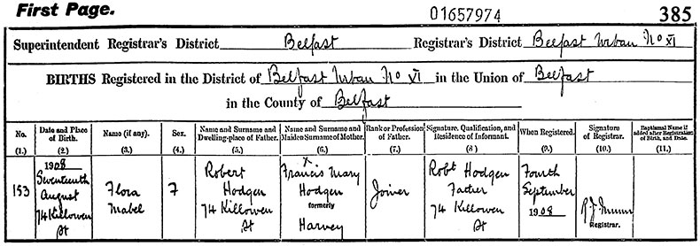 Birth Certificate of Flora Mabel Hodgen - 17 August 1908