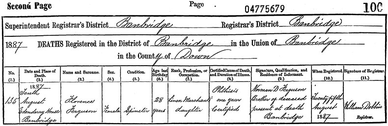 Death Certificate of Florence Ferguson - 10 August 1887