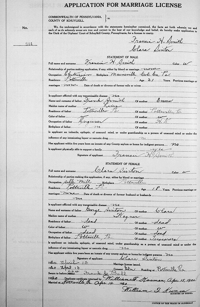 Marriage Registration of Francis H. Smith and Clara Sinton - 14 April 1920