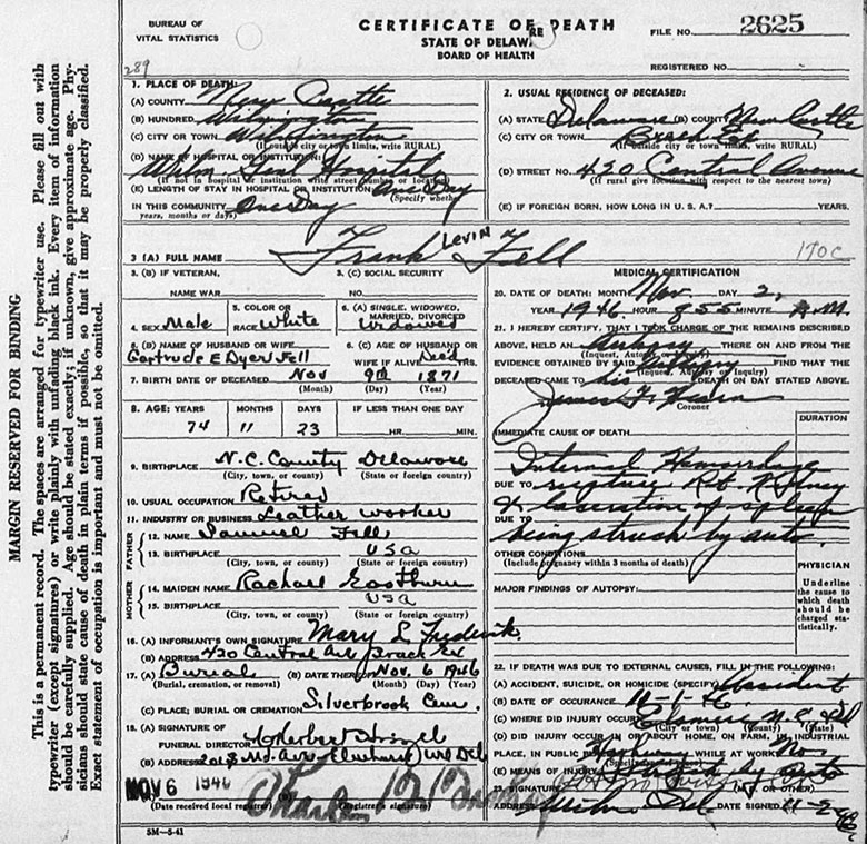 Death Certificate of Frank Levin Fell