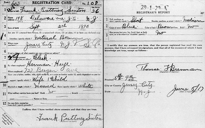 World War I Draft Registration of Frank Puttney Sinton