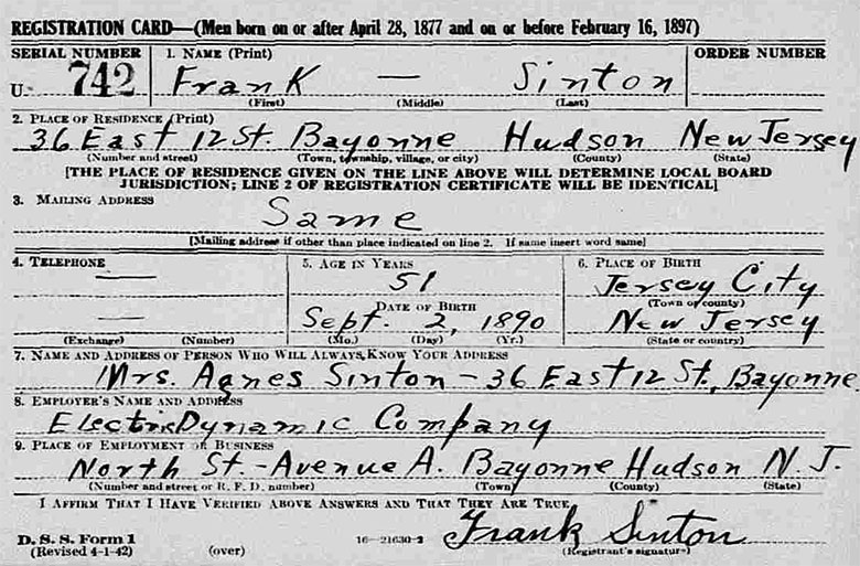 World War II Draft Registration of Frank Puttney Sinton